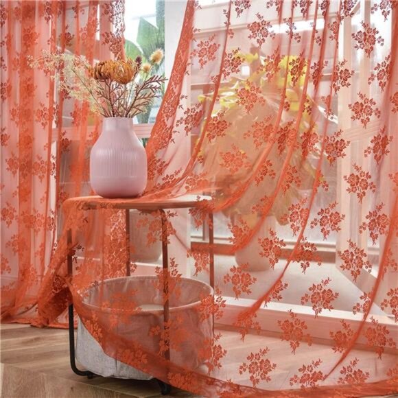 Burnt Orange Sheer Curtains 36 Inch Length 2 Panels, Rustic Fall Curtains - Picture 3 of 8